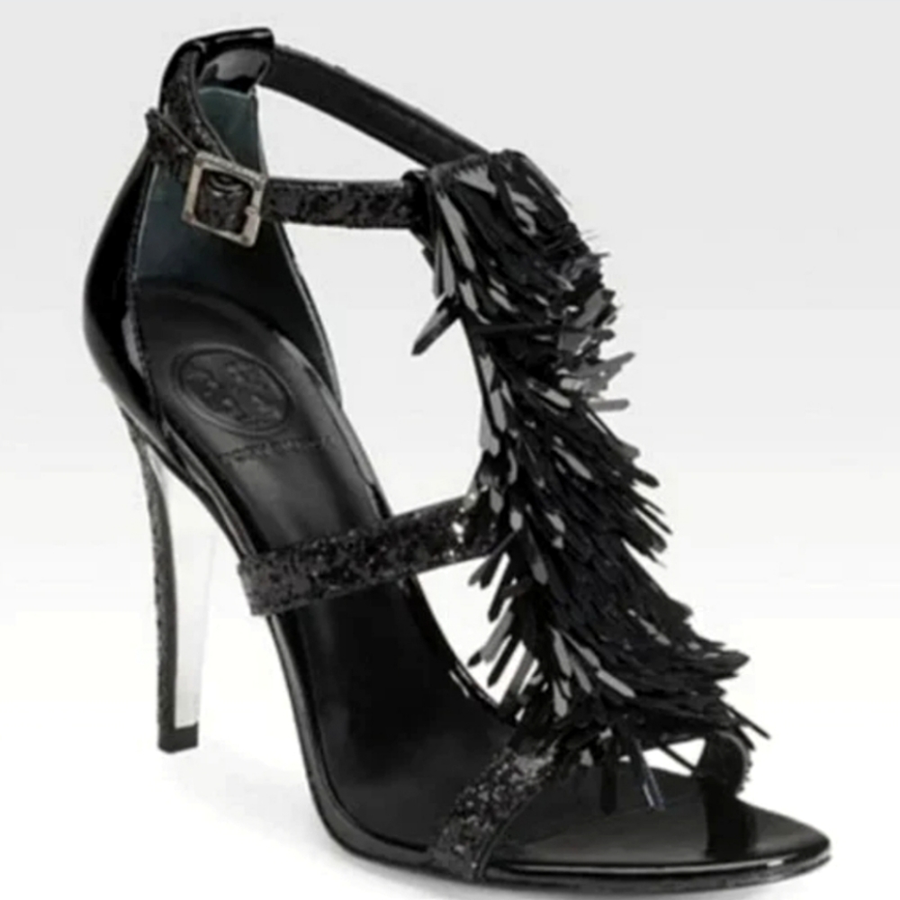 Tory Burch Black Fringe Strappy Heels Size 6.5